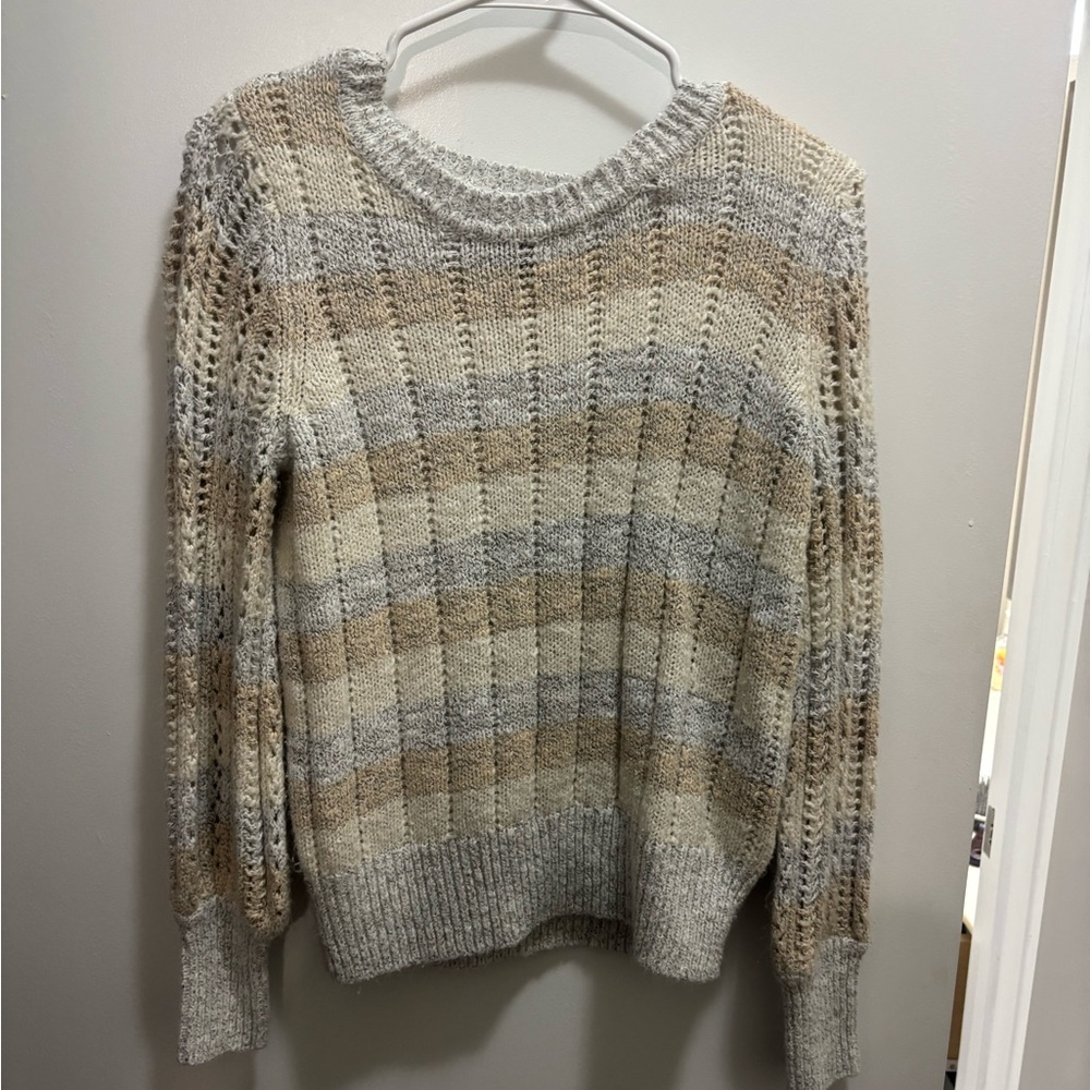 GAP Women's Beige and Gray Striped Sweater